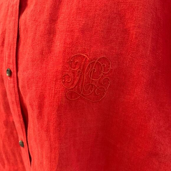 Ralph Lauren Womens Red Linen Button Down Shirt Embroidered RLL Logo Plus Size - Picture 2 of 7